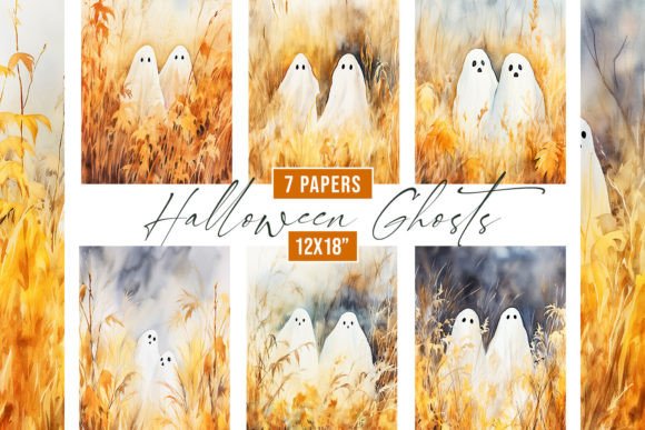 Watercolor Halloween Ghosts Backgrounds for Creative Projects